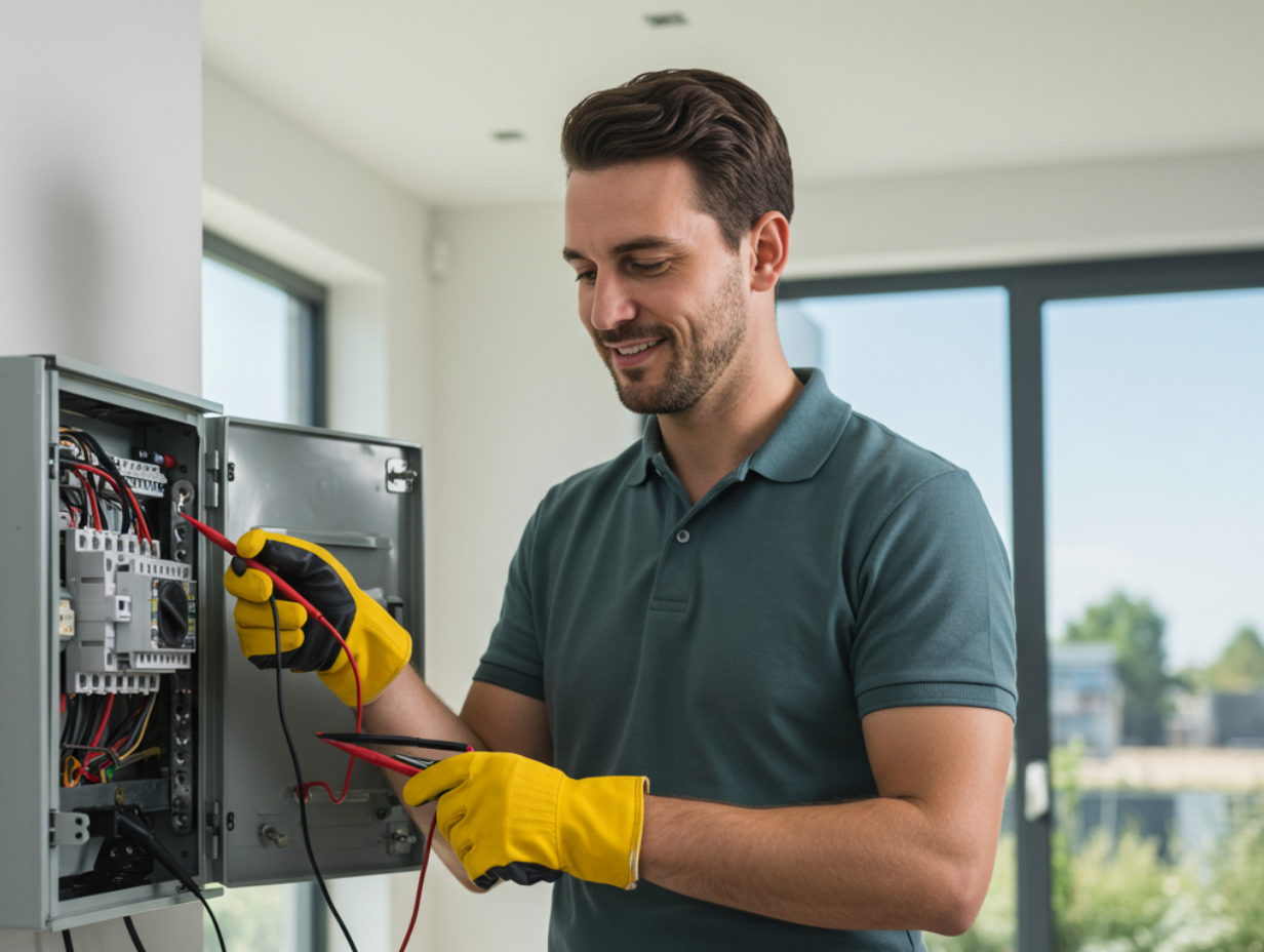 Electrician working on an electrical panel, smiling while holding wires with safety gloves.