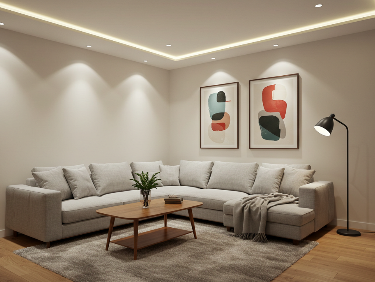 Modern living room with soft lighting, a beige sofa, and abstract artwork on the wall.