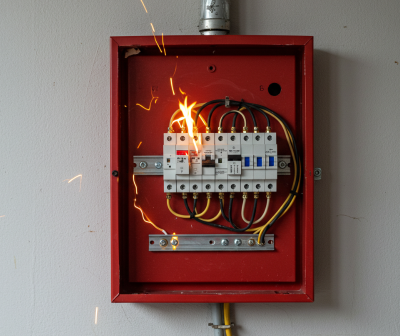 A circuit breaker panel showing organized wiring and electrical components.