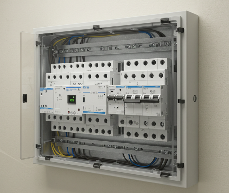 A red electrical panel with sparks indicating a potential electrical issue or fire risk.