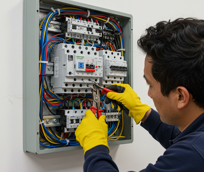 An electrician working on a circuit breaker panel, wearing yellow gloves and using tools to repair electrical faults