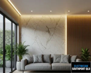 Living room with soft lighting highlighting the modern design, featuring a grey sofa and wall-mounted lights