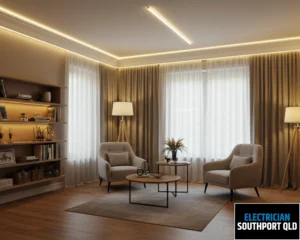Elegant living room with warm lighting, a sofa, a coffee table, and decorative elements